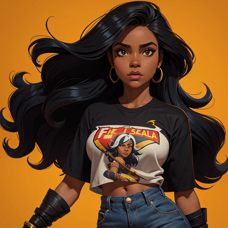 Personagem feminina estilo game free fire, garota negra cabelo castanhos escuro cacheadi18 anos, blusa gola preta