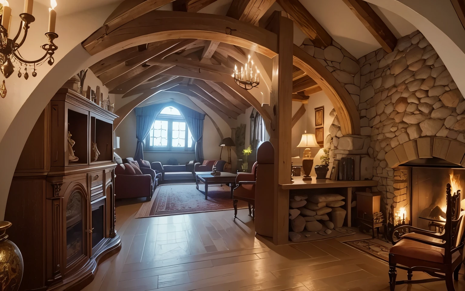 a cozy castle room with fireplace