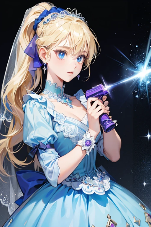 Nina has blue eyes and blonde hair tied in a ponytail. her dress and accessories are now pale blue, while the flowers adorning her veil are now dark blue. The gems within her earrings are now purple, and her flash bang grenade is now green rather than red. SPARKLE; GLITTER
