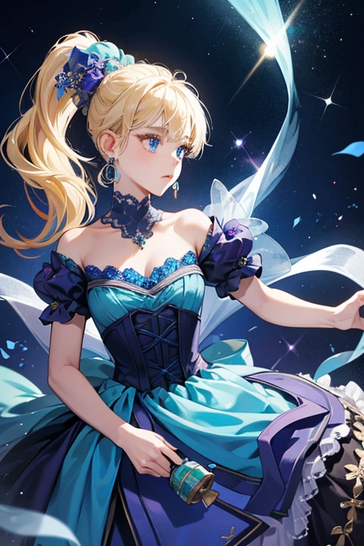 Nina has blue eyes and blonde hair tied in a ponytail. her dress and accessories are now pale blue, while the flowers adorning her veil are now dark blue. The gems within her earrings are now purple, and her flash bang grenade is now green rather than red. SPARKLE; GLITTER