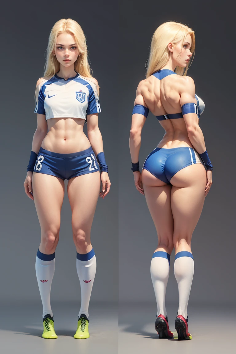 Afull body photo shows a woman, blonde hair, blue eyes, muscular body, angelical face, beautiful face, freckles face, small shoulder, slim waist, wide hips, thick legs wearing a sexy soccer uniform, back view
