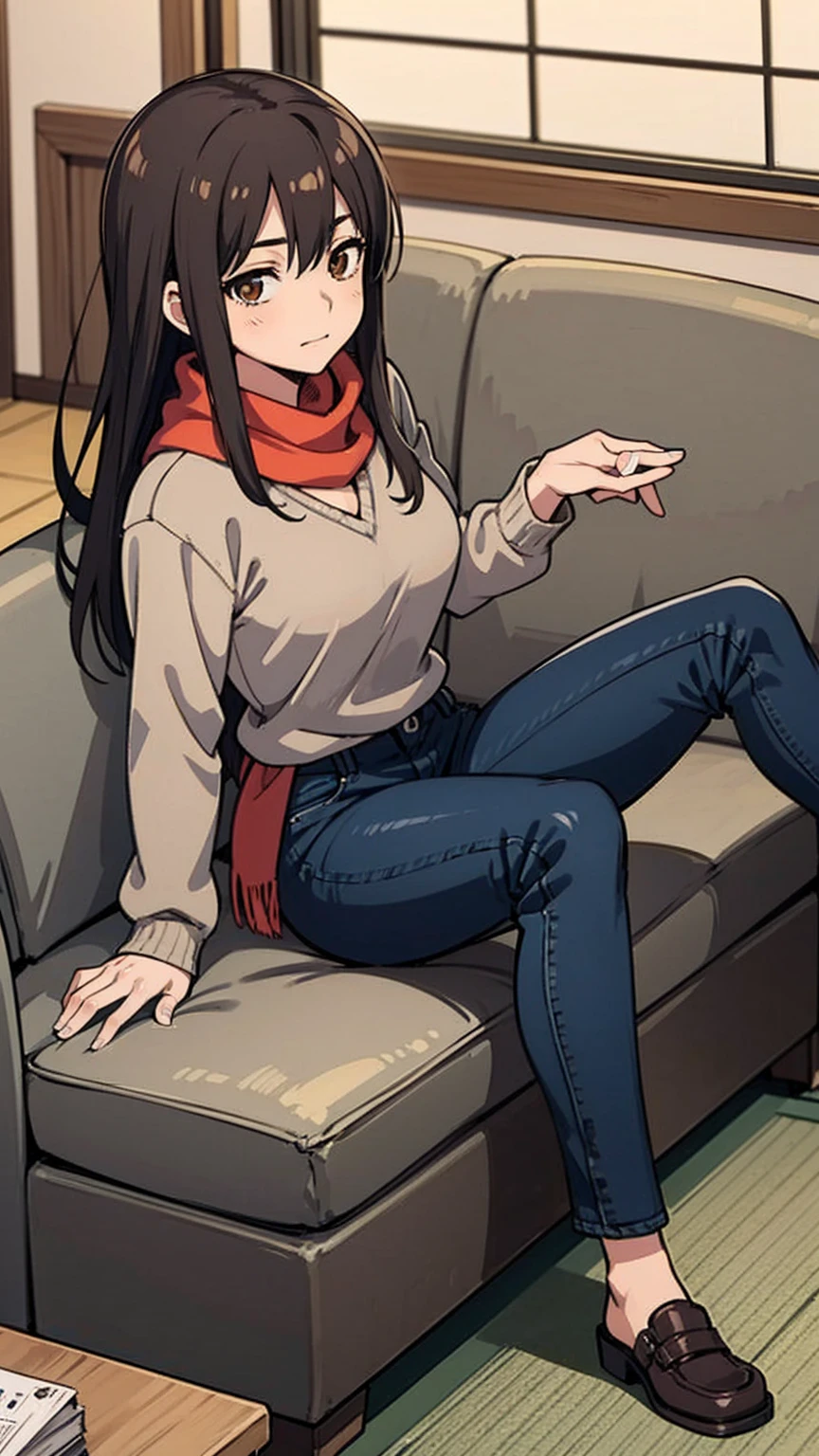 bell, Japanese cartoons, Brown hair, Medium breasts, Brown eyes, A faint smile, jeans, scarf, Grey sweatshirt, Blue pants, sitting, Cross-legged, Inside the smart home, sitting on the couch, Asada Shino's face, Japanese cartoons Sword Art Online, best quality