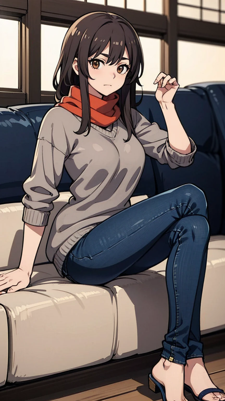 bell, Japanese cartoons, Brown hair, Medium breasts, Brown eyes, A faint smile, jeans, scarf, Grey sweatshirt, Blue pants, sitting, Cross-legged, Inside the smart home, sitting on the couch, Asada Shino&#39;s face, Japanese cartoons Sword Art Online, best quality