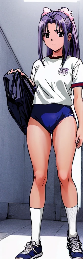 Momoko Koigakubo, a tall girl with beautiful legs, is wearing white gym clothes and light navy blue bloomers that look like panties, and is standing at an angle with her mouth open and blushing.。