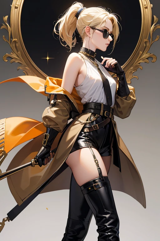 Nina has blue eyes and blonde hair tied in a ponytail. outfit consists of a short, dark olive coat with a yellow, orange, and green scarf around her neck, matching the tail of the coat which is pleated with panels of the same colors. The coat is tied around her waist with a thin black belt that has a silver buckle and a silver pendant hanging from the right side. She also wears a brown leather shoulder holster with a single ornate handgun on the right closer to her back, and black leather gloves. With this outfit, Nina wears black vinyl pants with two straps around her upper right thigh decorated with a gold chain and holding a small dagger. She also wears black leather high-heeled boots with gold zippers and a gold chain around the front of each ankle attached to the side of the boot. She maintains her sunglasses in this outfit. SPARKLE; GLITTER