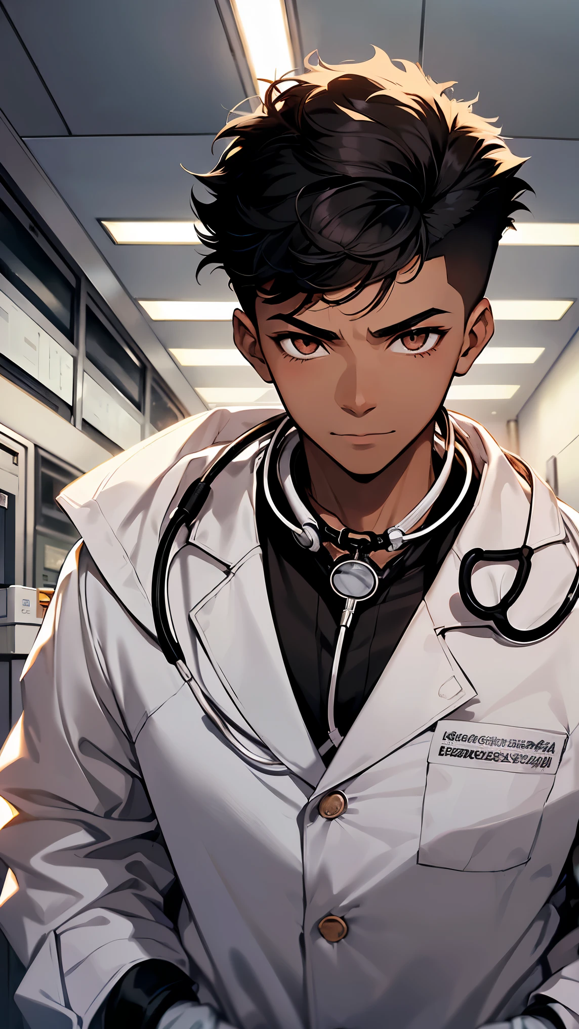 (Boy1,round face, black hair, afro fade haircut, brown eyes,black skin), ((doctor, White coat,  stethoscope, sickroom)),half body,white gloves, standing, evil smile, blush, ((hospital room)),Eyes droop,Sharp outline,super detail,high quality,high details,best quality,1080P