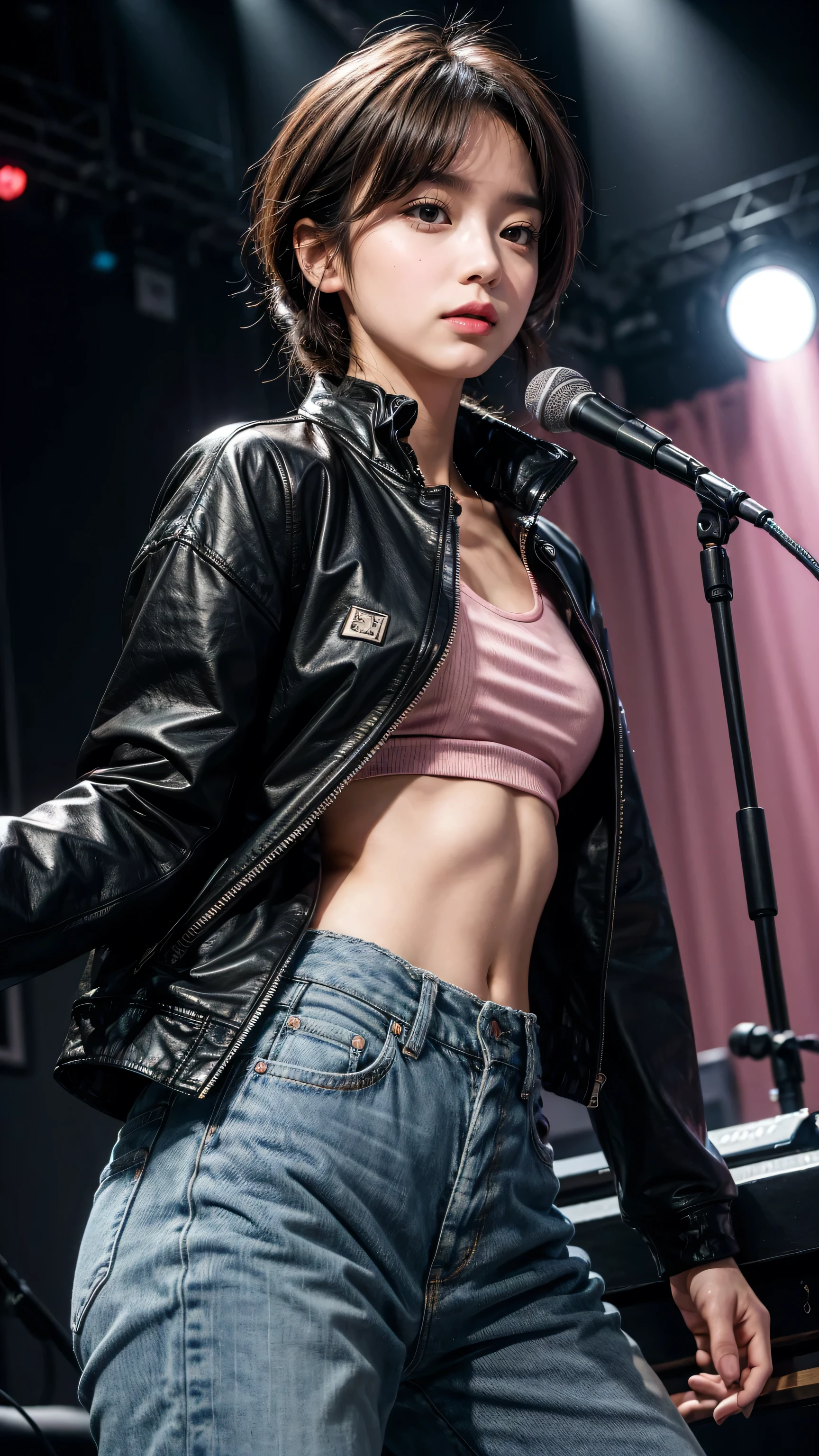 masterpiece, best quality, 1 Girl, Upper Body, Ji Rou, Delicate eyes, Pink shirt, Black jacket, The clothes are torn, concert, (stage)