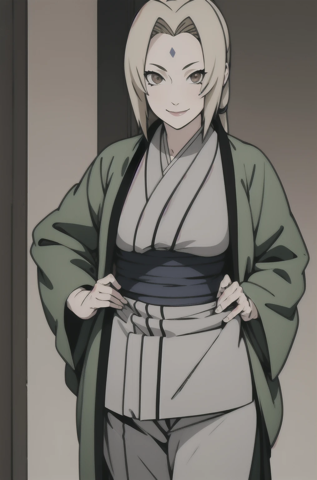 (masterpiece, highest quality:1.2), alone, One Girl, Tsunade Defense, Forehead mark, smile, View your audience, Hands on hips, kimono, Green haori, Gray kimono, sash, pants