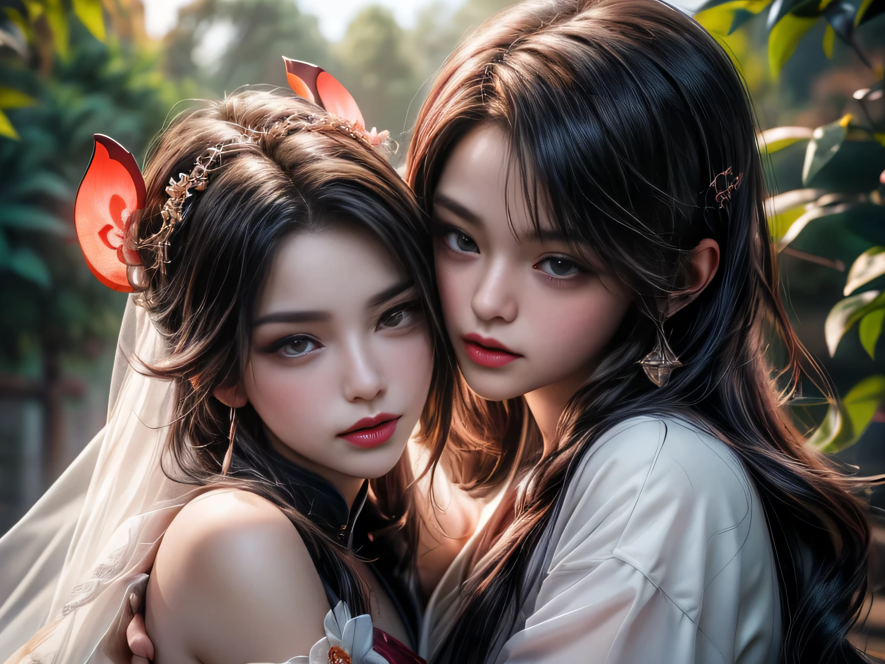 arafed image of a couple of asian man and woman hugging each other in Peach Garden, in wedding clothes, Peach Garden detailed background, xianxia fantasy, jingna zhang, game cg, wuxia, inspired by Chen Yifei, xianxia, xianxia hero, 2.5 d cgi anime fantasy artwork, heise jinyao, chinese fantasy, beautiful render of tang dynasty, heise-lian yan fang, (perfect full face:1.5), (high detail:1.1), detailed character, detailed eyes, detailed hands, detailed fingernails, 4k best quality, 8k character details, high quality anime art, high quality illustration, detailed anime wallpapers, detailed anime art, hyper-realistic, elegant, high quality realistic anime art