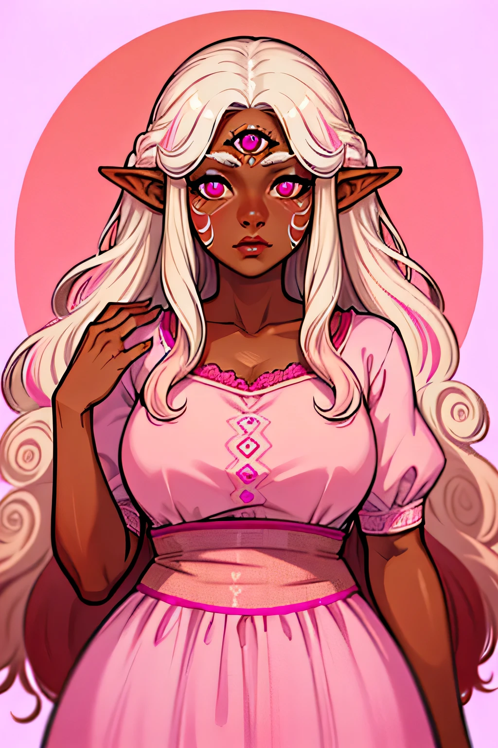 1girl, elven, (((deepbrown skin))), messy white hair, white hair with pink streaks, pink eyes, third eye, absurdres, masterpiece, kinky-curly hair, long hair, ((round face)), feminine, full lips, fully clothed, pink dress, slightly chubby, highest quality