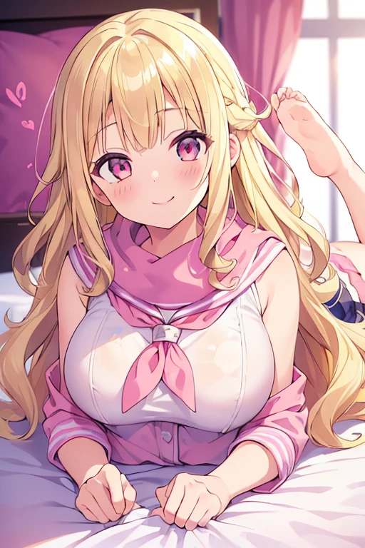 (((One Girl))), ((high school girl)), ((Blonde, Wavy Hair, Tactile bangs)), Big ample breasts, ((Cute face)), (Smiling Kindly: 1.2), (((On the bed, Lie, Peace of mind))), High , Pink Sailor Suit, Pink scarf, Apply blush all over the face, Gazing Eyes, Upper Body Shot, Background blur, Soft lighting,