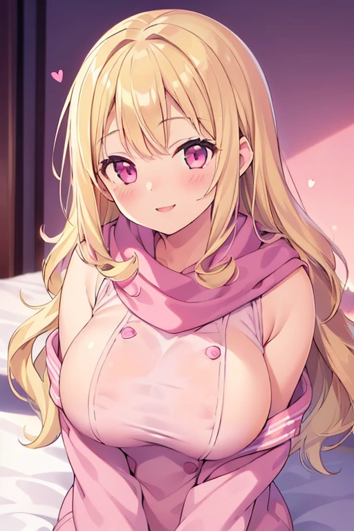 (((One Girl))), ((high school girl)), ((Blonde, Wavy Hair, Tactile bangs)), Big ample breasts, ((Cute face)), (Smiling Kindly: 1.2), (((On the bed, Lie, Peace of mind))), High , Pink Sailor Suit, Pink scarf, Apply blush all over the face, Gazing Eyes, Upper Body Shot, Background blur, Soft lighting,