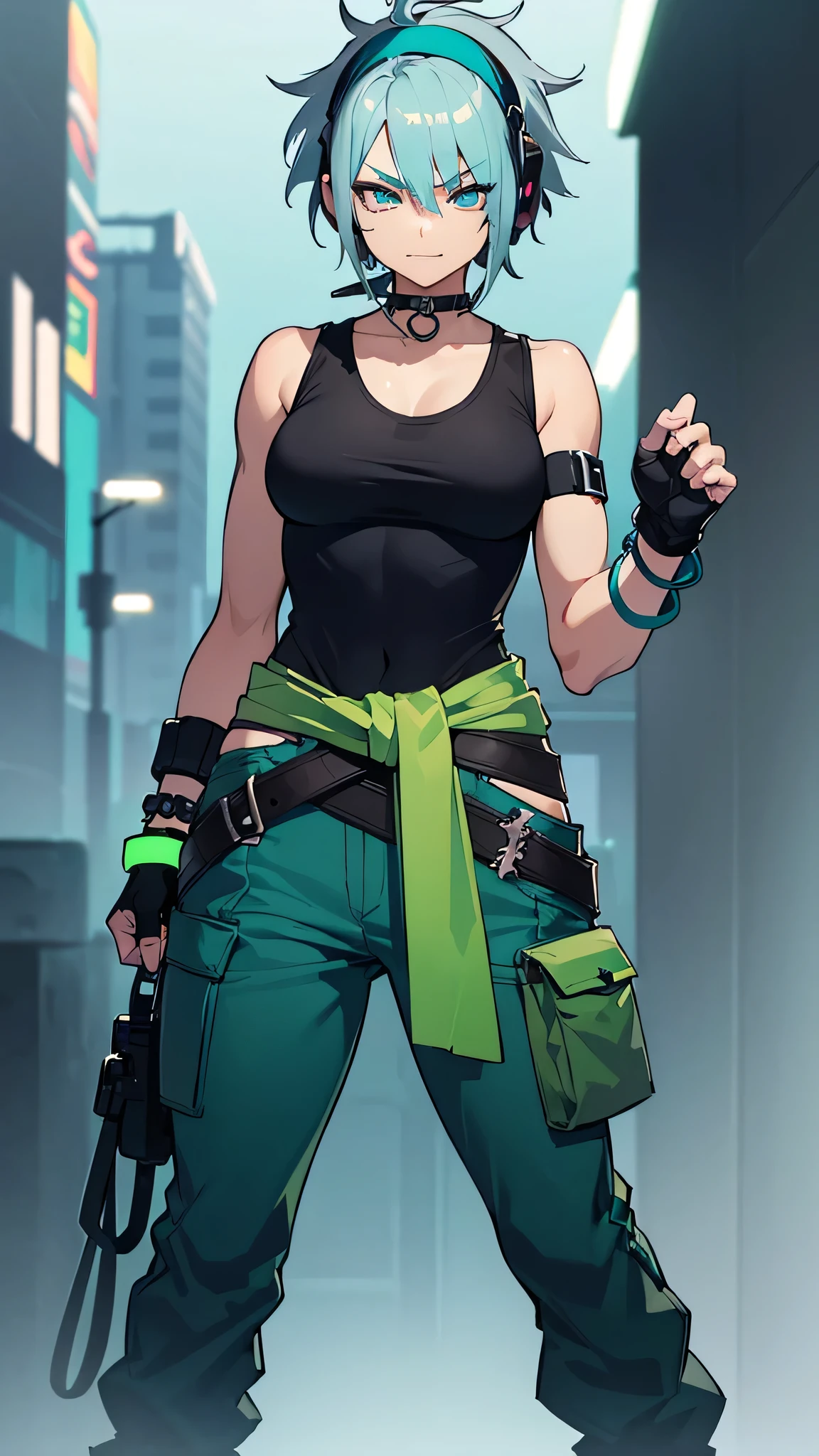 ((solo female)), muscular, tomboy, grey hair with blue highlights, (short hair), baggy tank top, ((neon cyan eyes)), ((hair covers both eyes)), (headphones), cargo pants, fingerless gloves, coat around her waist, ((smug expression)), (light green bandana on neck), sharp teeth, two belts, (chunky bracelets)