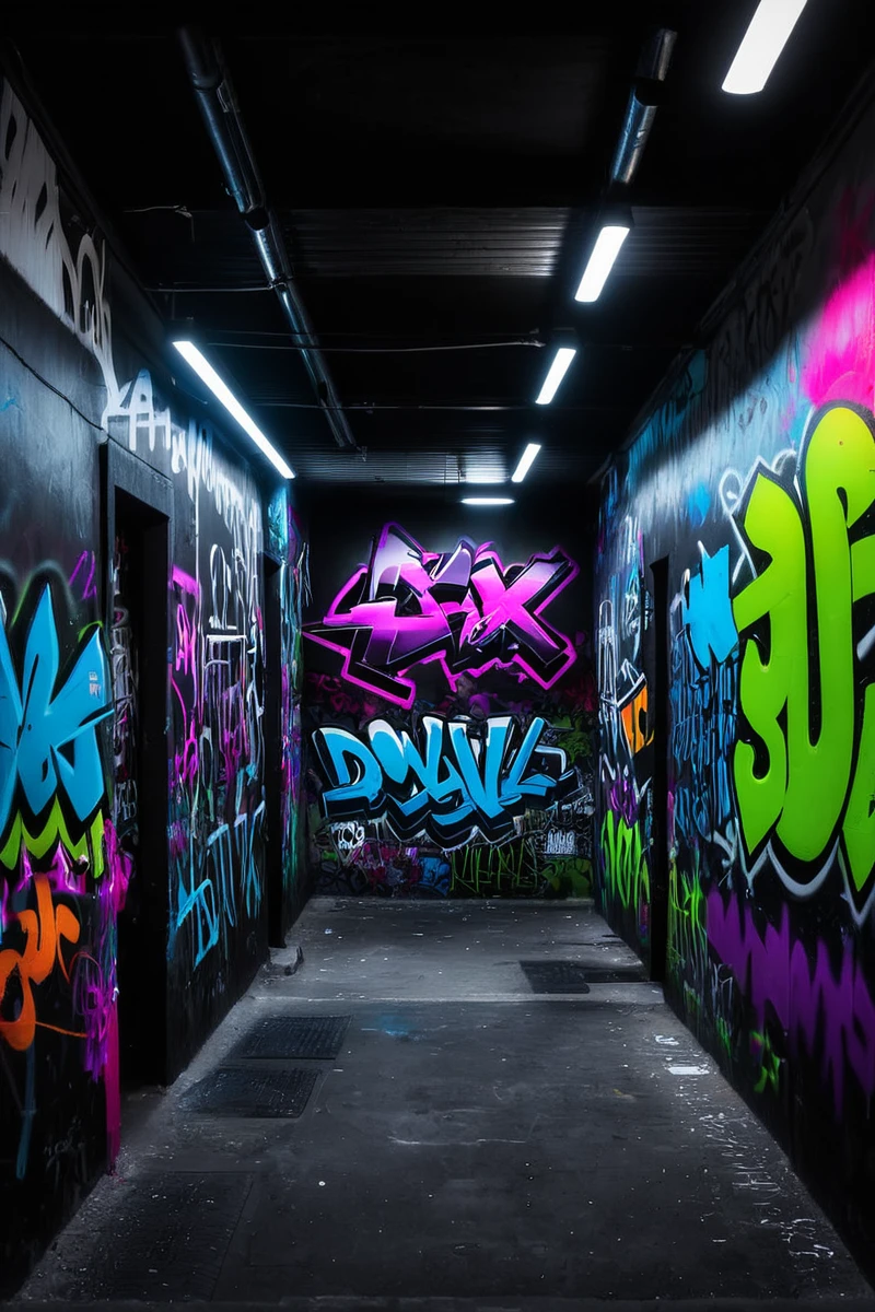 three walls with graffiti, deep filled with graffiti inspired by Downhill, On the back wall is written "Gafax Store Co". portrait photography, dark cinematic aerial photography Desaturated, masterpiece, contest winner, RAW photo, ,8k uhd,dslr,soft lighting,high quality,film grain,Fujifilm XT3,
Still photo, cinematic, shot on film, vibrant colors, neon theme, graffiti, graffiti,