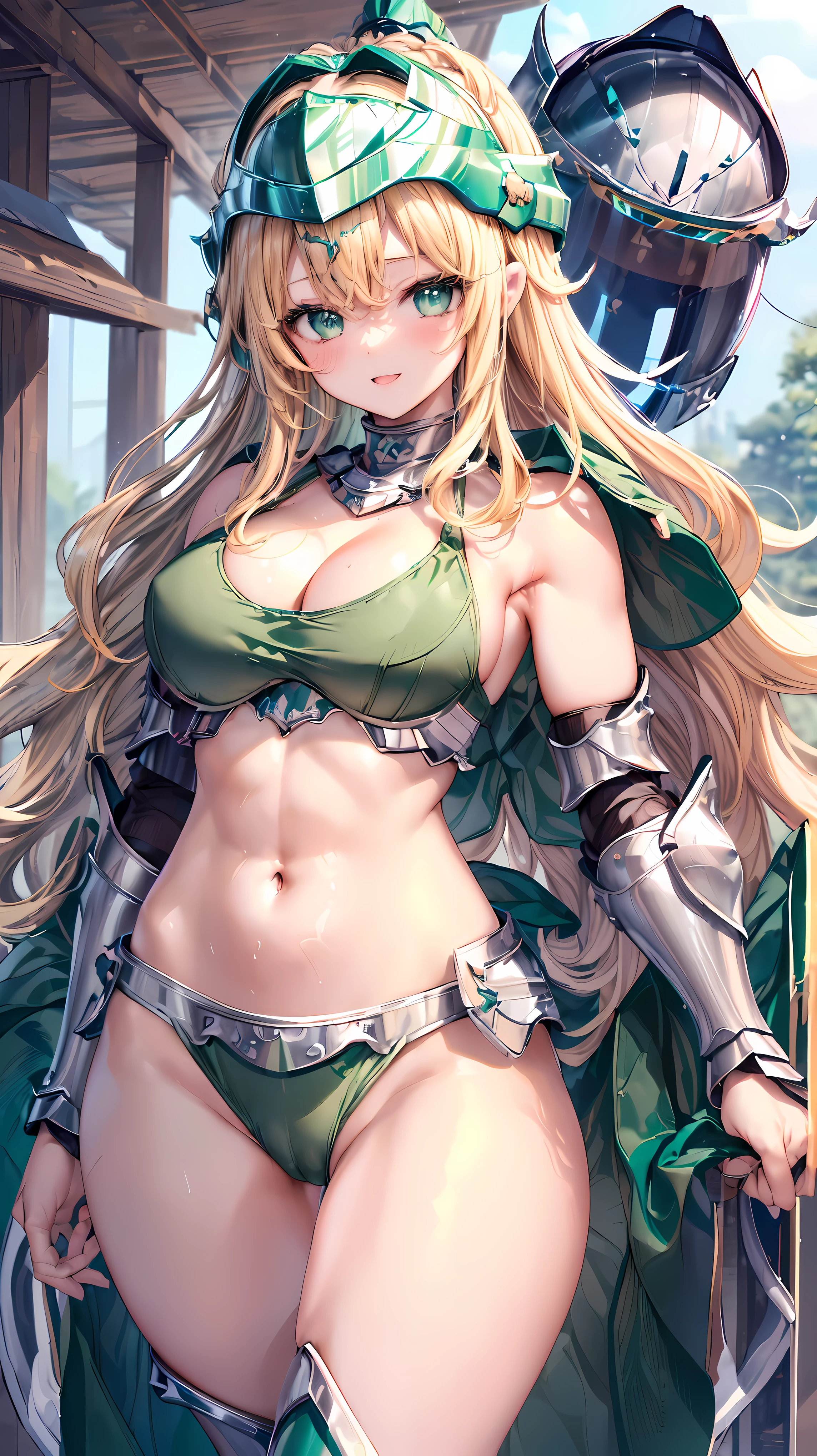 Very detailed、highest quality、Best image quality、masterpiece、8k、Anime Face、A kind smile、Open your mouth、Sparkling blue eyes、(Blonde wavy hair:1.5)、、Muscles of the whole body、camisole、Thigh belt、mini skirt、(Wearing green bikini armor:1.5)、(Cowboy Shot:1.5)、(Leg armor:1.5)、(Wearing a helmet:1.5)