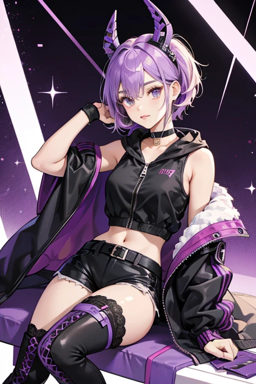 Her hair is cut in a short, untidy bob, with purple tips that fade into her natural black. Reina's primary outfit is a sports jacket, with a hood, a zip up the front and a zip on the left arm. The jacket is split down the middle, black on the right and purple on the left side, with asymmetrical white stripes dashed across the front, and wrapping around the back. Beneath this, Reina wears a sleeveless black crop top with a buckled choker at the collar, and black shorts with purple straps around her upper thighs. She wears black, fingerless gloves with purple cuffs and a diamond-shaped opening on the back of each that has a matching purple outline. Reina also wears black lace-up boots, loose purple leg warmers with three black belts about each, and black stockings. SPARKLE; GLITTER