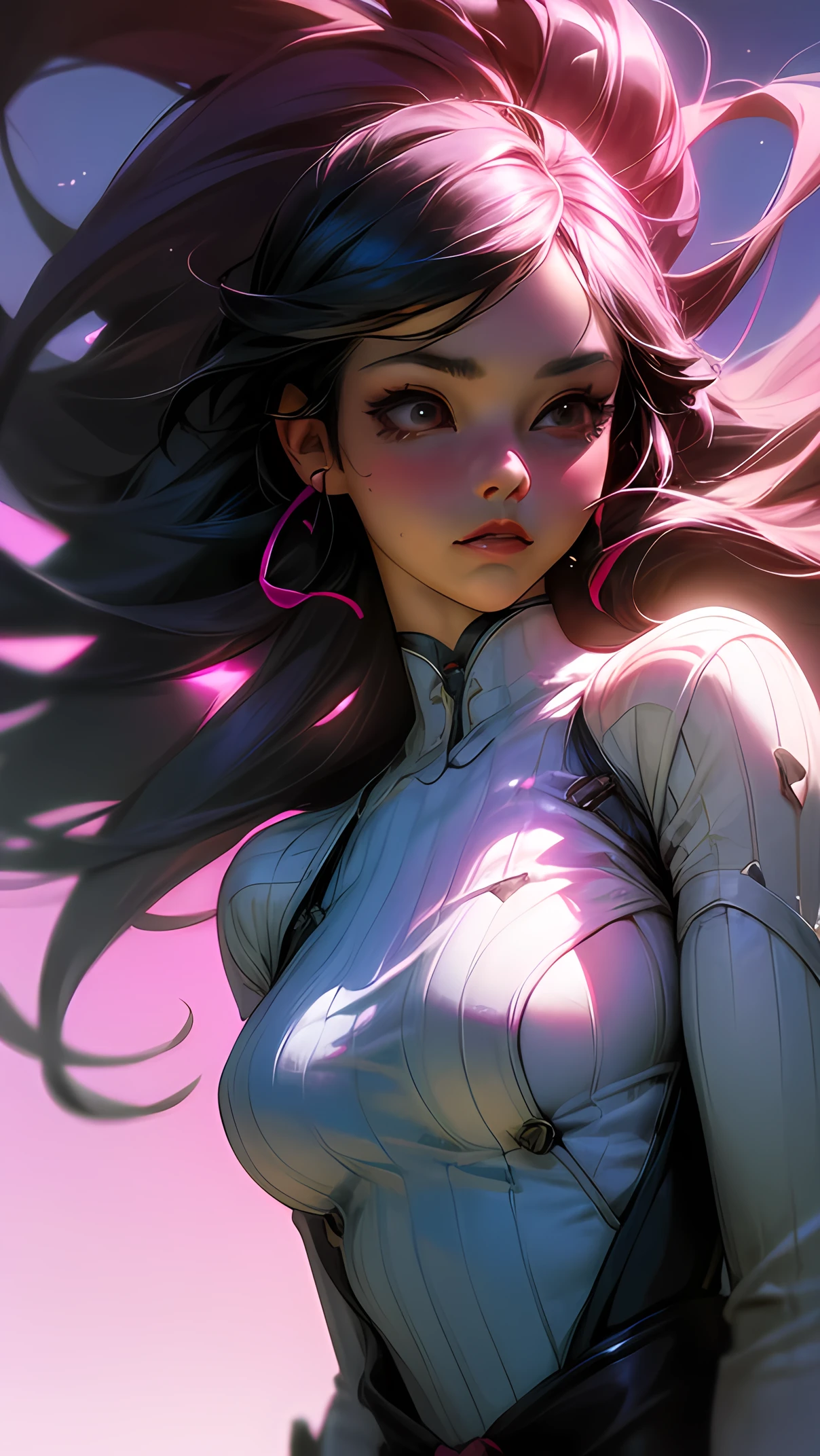 Beautiful lip detail, Soft portrait of a beautiful woman, leotard, Detailed face, Anime girl with pink hair and a ribbon in her hair, Fantasy art, Japanese, (((Ultra-realistic))) photograph, (highest quality:1.2, Very detailed, up to date, Vibrant, Ultra-high resolution, High Contrast, masterpiece:1.2, highest quality, Best aesthetics), Textured skin. Spectacular and inspiring cinema lighting, 1girl, black hair