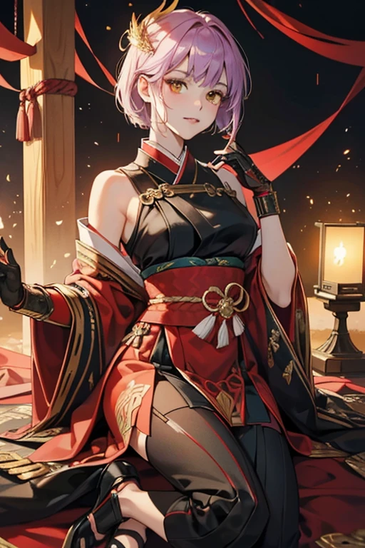  Her hair is cut in a short, untidy bob, with purple tips that fade into her natural black. outfit consists of a red, steel half oni mask with golden teeth. She wears a crimson kimono with yellow flower embroidery, a white sarashi with Japanese characters, black arm bracers tied with thin red rope and golden trim at the openings over black fingerless gloves, and matching armor from her neck to her sternum as well as armored plates covering her upper, left arm. Reina has black armor about her waist with a gold trim, tied with white rope that has two gold fasteners at the front, as well as a larger red rope lower around her hips. She also wears black hakama with a white phoenix design, and black full-heeled sandals. SPARKLE; GLITTER