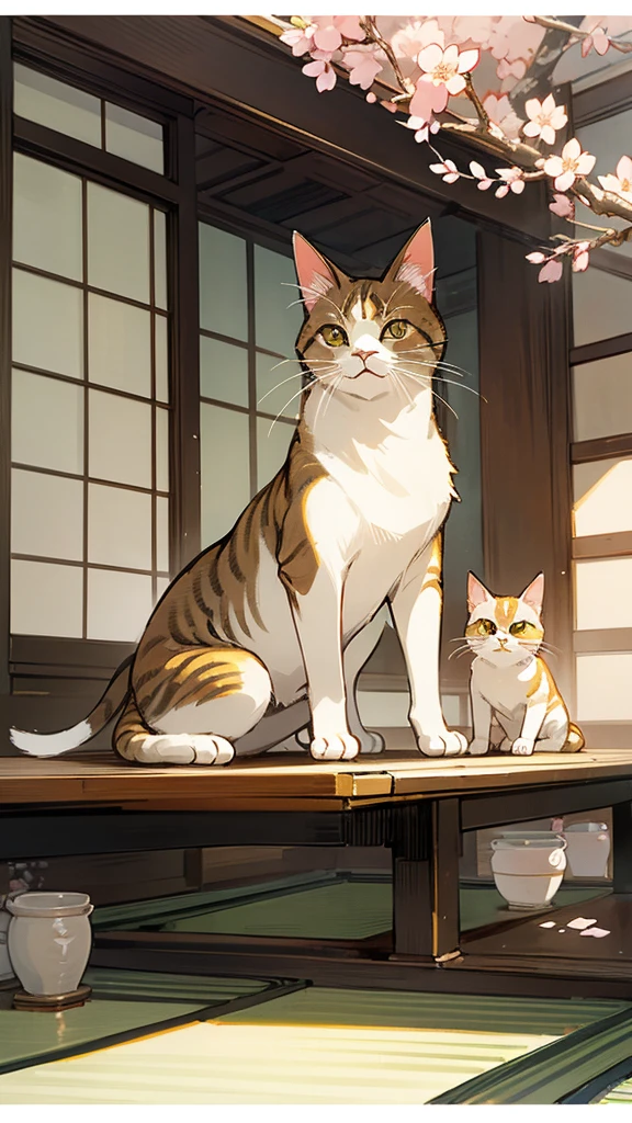 "An elegant Japanese watercolor scene featuring a mischievous cat with twitching whiskers, perched on a low wooden table. The background includes delicate brushstrokes depicting a serene interior with traditional Japanese decor, such as a bamboo vase with cherry blossoms and a tatami mat. The cat's subtle, sly expression suggests it's about to tip the vase over, adding a touch of humor to the tranquil setting."