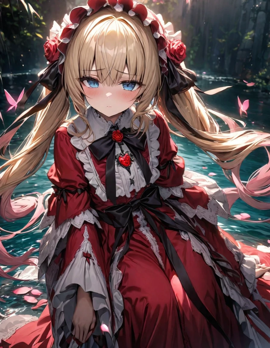 absurdres, highres, ultra detailed, HDR, master piece, best quality, Shinku, Rozen Maiden, light blonde hair, kept in two twin tails tied at the back of her head, expressive blue eyes, wearing a red gown with a matching shawl and bonnet as accessories, the bonnet is fastened with a black ribbon, which is tied into a bow at her neck and held in place with a red rose brooch, solo, woman, extremely beautiful, pretty, water, pink flowers, pink butterflies, pink petals
