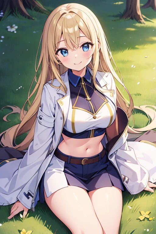 ((masterpiece))、highest quality、spring、Floral、Natural、Grass is overgrown、, (One Girl、solo)、Ample breasts, Lie, 、cute、Beautiful Blue Eyes、Blonde long hair、Sleeves are longer than your fingers、Sleeves are longer than the wrist、Larger clothes、Crop top、Open jacket、Open your clothes、White jacket、Yellow Jacket、Two-tone jacket、smile、優しいsmile、Mouth closed