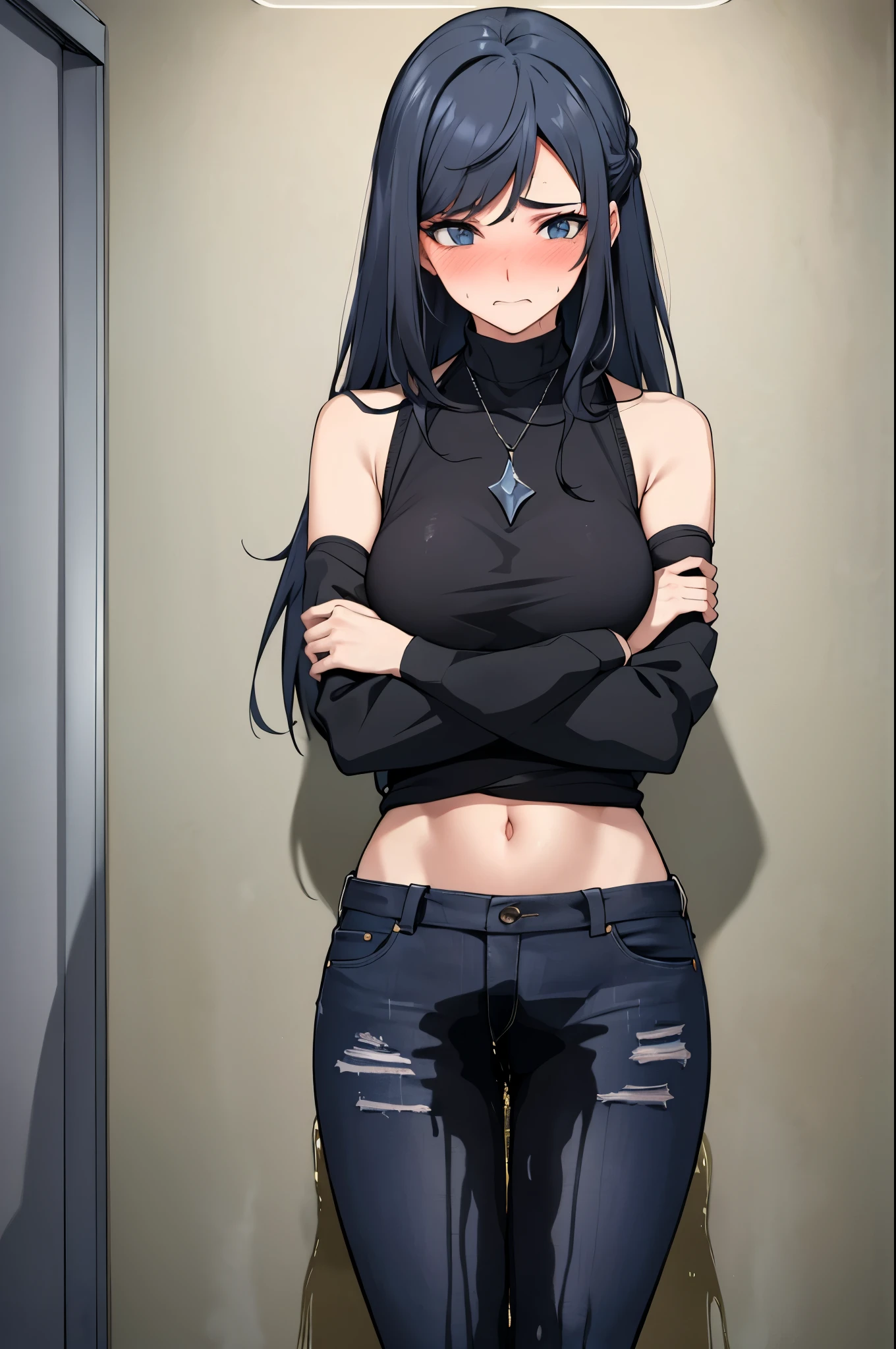 A woman with very long black hair and (very long bangs:1.5), wearing a stylish jacket and tight jeans, standing. The artwork is inspired by manga and incorporates a doujin style. The woman appears to be (wetting herself:1.5), which causes her to feel embarrassed and humiliated, resulting in a blush on her face. In addition, there is an air of anger in her expression. The lighting in the scene is moody, with a spotlight highlighting the woman's figure. She is crossing her arms, (arms crossed:1.5), fully showcasing her jeans., large breasts, navel, midriff, groin, mound of venus