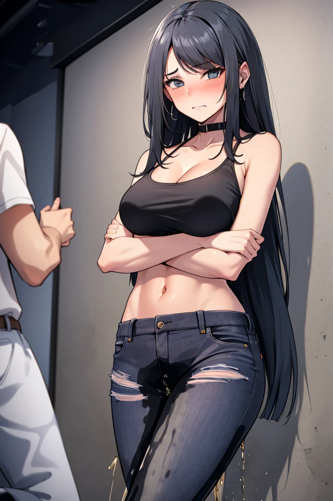 A woman with very long black hair and (very long bangs:1.5), wearing a stylish jacket and tight jeans, standing. The artwork is inspired by manga and incorporates a doujin style. The woman appears to be (wetting herself:1.5), which causes her to feel embarrassed and humiliated, resulting in a blush on her face. In addition, there is an air of anger in her expression. The lighting in the scene is moody, with a spotlight highlighting the woman's figure. She is crossing her arms, (arms crossed:1.5), fully showcasing her jeans., large breasts, navel, midriff, groin, mound of venus