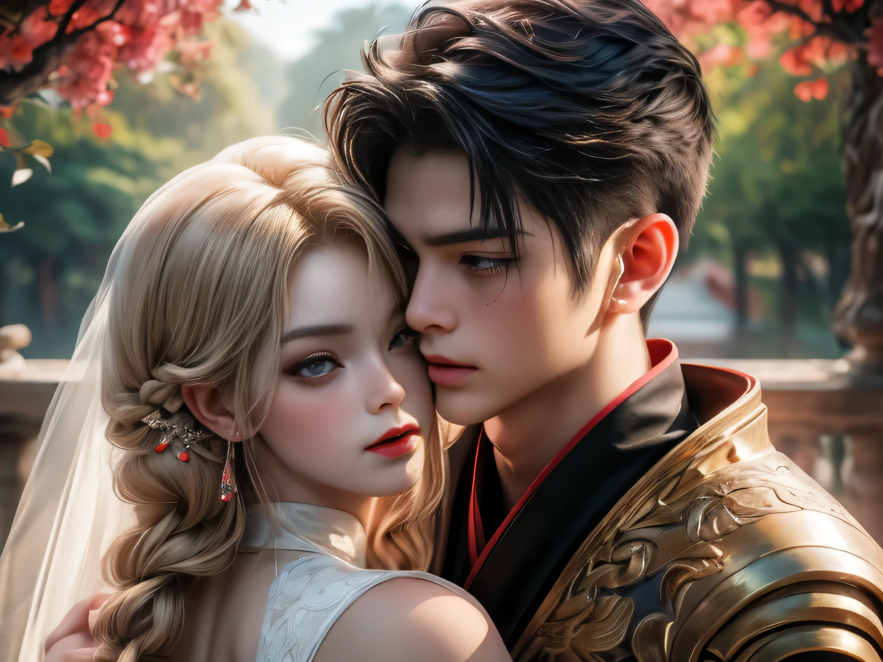 arafed image of a couple of asian man and woman hugging each other in Peach Garden, in wedding clothes, Peach Garden detailed background, xianxia fantasy, jingna zhang, game cg, wuxia, inspired by Chen Yifei, xianxia, xianxia hero, 2.5 d cgi anime fantasy artwork, heise jinyao, chinese fantasy, beautiful render of tang dynasty, heise-lian yan fang, (perfect full face:1.5), (high detail:1.1), detailed character, detailed eyes, detailed hands, detailed fingernails, 4k best quality, 8k character details, high quality anime art, high quality illustration, detailed anime wallpapers, detailed anime art, hyper-realistic, elegant, high quality realistic anime art