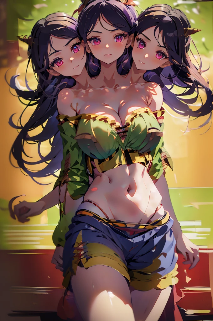 (masterpiece, best quality), best quality,,(ultra-detailed), (3heads:1.5), 1girl, (Nippaku Zanmu:1.3), masterpiece, best quality, ultra quality, ultra resolution, ultra detail, green top, crop top, ((stomach)), midriff, ((groin)), blue skirt, normal ears, shackles, purple-black hair, very long hair, wavy hair, sidelocks, crimson eyes, parted lips, single horn, sweat, cute, toned belly, hand on own chest, eyelashes, (24 year old woman:1.3), (masterpiece:1.5), (best quality:1.5), (beautiful detailed), extremely detailed CG, extremely delicate and beautiful, depth of field, (finely detailed face), (perfect details:1.2), (mature female:1.3), wide pelvis, slender, large veiny breast, 16k resolution, highres, high quality, high definition, extremely detailed, masterpiece, best quality, purple-black hair, long hair, alluring presence, braid, short skirt, close up, big tits, young,