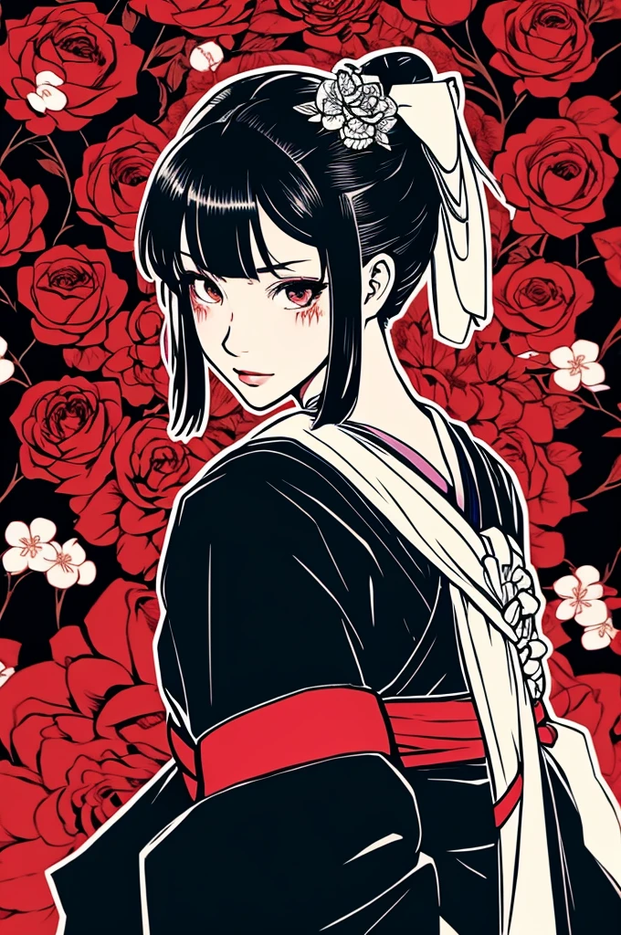 Beautiful hardcore illustration homepage illustration style, dark, High resolution, hard touch illustration, Strong outline, One girl, japanese geisha style, Fuji Mountain, Japan, 8k, American Comic Styles, Colorful background, Hiroyuki Nagasaka, Aggressive, Beautiful Face, Cool Beauty, kimono, Beauty Style, Black and Red, Fight, Hard Illustration, Rose red hair, Two people, Rose, Backwards, Samurai, small monster, kimono, (Japanese sword(1.8)), (Draw your sword(1.8))