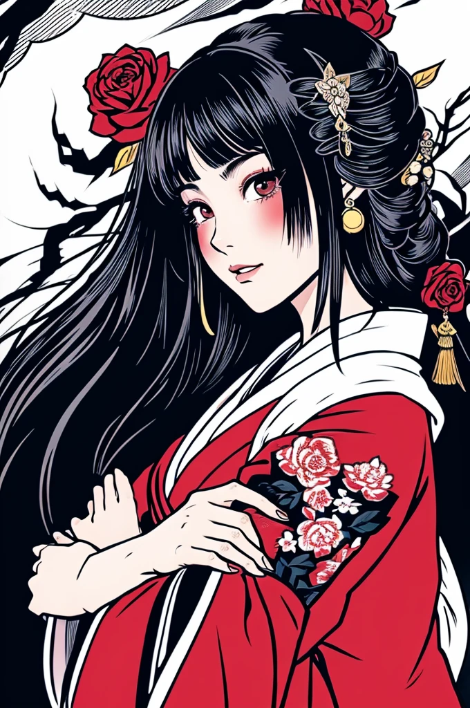 Beautiful hardcore illustration homepage illustration style, dark, High resolution, hard touch illustration, Strong outline, One girl, japanese geisha style, Fuji Mountain, Japan, 8k, American Comic Styles, Colorful background, Hiroyuki Nagasaka, Aggressive, Beautiful Face, Cool Beauty, kimono, Beauty Style, Black and Red, Fight, Hard Illustration, Rose red hair, Two people, Rose, Backwards, Samurai, small monster, kimono, (Japanese sword(1.8)), (Draw your sword(1.8))