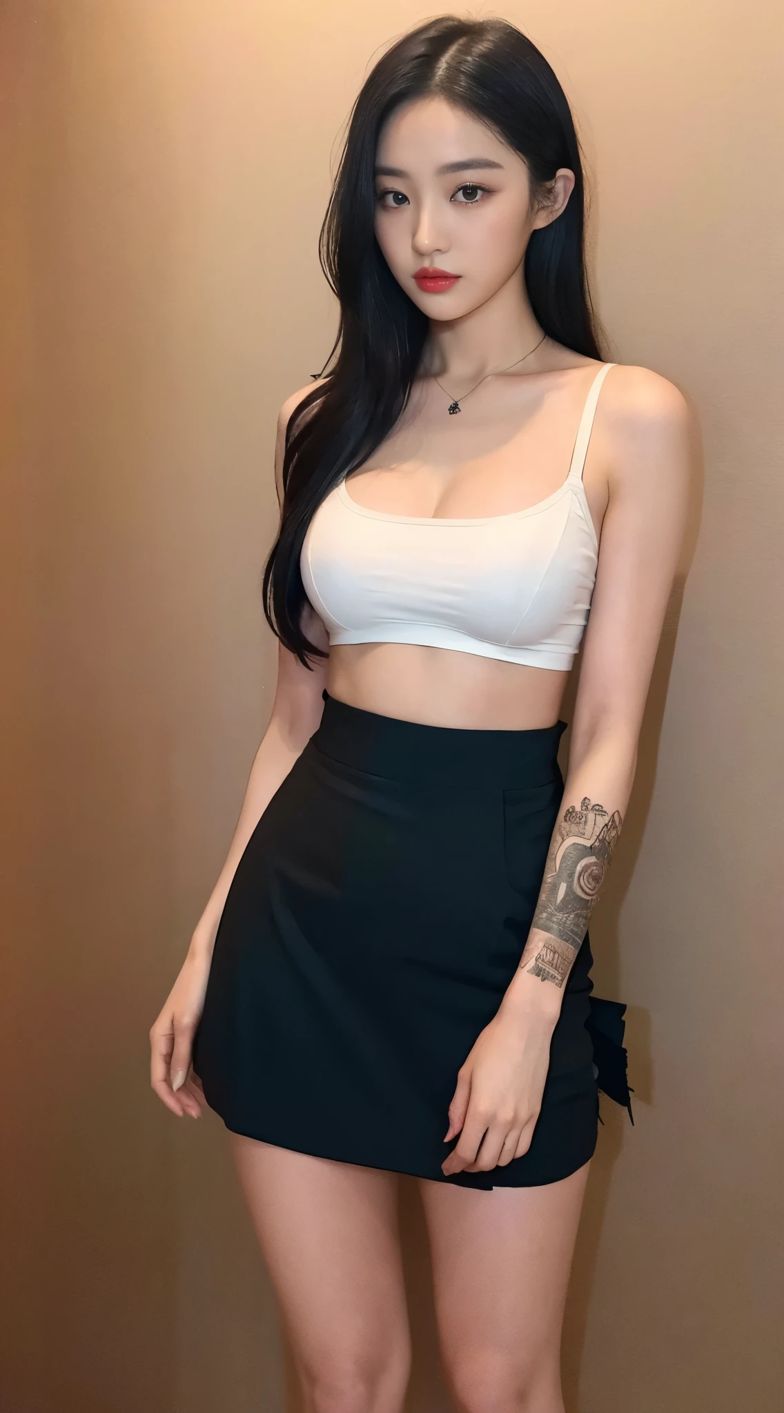 ((Top quality, 8k, Masterpiece: 1.3)), tattooed model. tattooed skin. (a Chinese super model. 24 years old), slim and captivating body. ((long black hair)) necklace. (short ripped skirt, raised skirt, showing pink micro panties, long breasts hanging down). (Top_Stand, flat stomach, she's in Paris, lol), ultra-detailed face, highly detailed lips, detailed eyes, double eyelids, made-up face. Orange lipstick