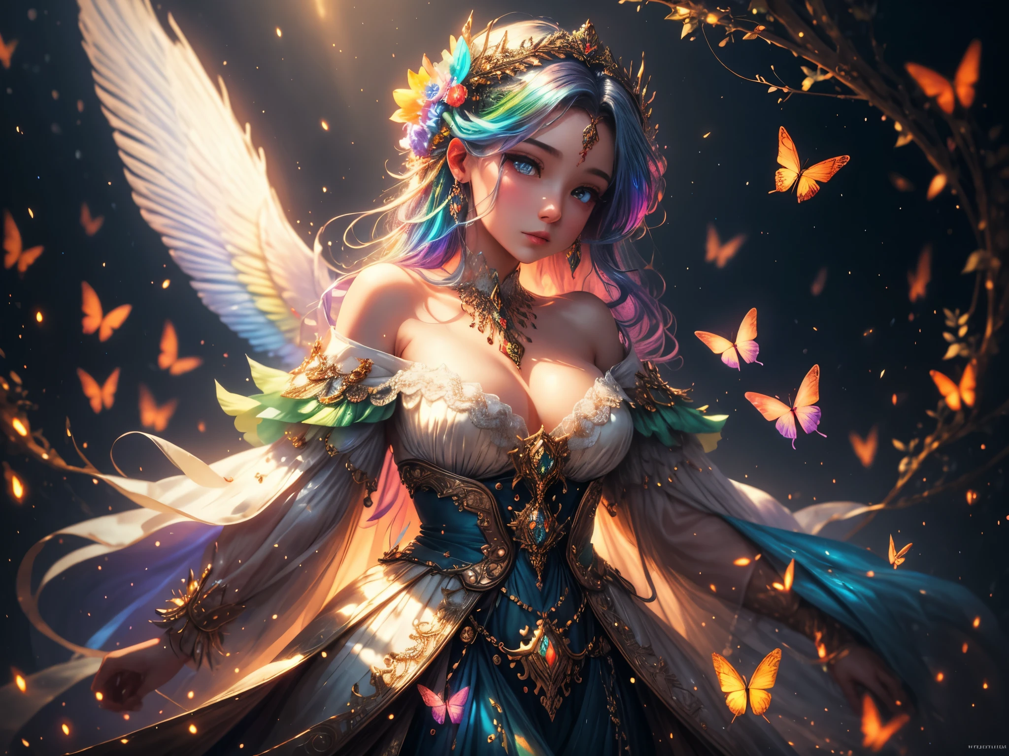 ((((Important: This image should be colorful and utilize all colors of the rainbow.)))), (((masterpiece))), (((best quality))), ((ultra-detailed)),(highly detailed CG illustration), ((an extremely delicate and beautiful)),cinematic light, Create a stunning fantasy artwork that mimics the style of currently trending masters of the genre. The art piece should contain elements of both mythic fantasy and fairytale fantasy with colorful accents. The character in the artwork is a delicate but strong figure with an aura of mystery and magic. The character should be with subtle breasts. Pay close attention to intricate facial features, such as mesmerizing eyes with vibrant colors and delicate shading. The character's clothing should be designed with gossamer feathers, silk, stunning embroidery, and subtle iridescent details. Incorporate vibrant colors, dynamic lighting, and detailed background elements to create a sense of awe and immersion. Include colorful flying magical birds and jewel-toned butterflies radiating a magical aura. Consider the latest trends in fantasy art, such as incorporating unique lighting effects, exploring dynamic and compelling composition techniques, and experimenting with unique color palettes. Take inspiration from the top artists on ArtStation and Midjourney. Camera: Choose an angle that highlights the character's beauty and enhances the magical majesty of the artwork. Lighting: Utilize atmospheric lighting techniques to create depth and mood. Resolution: Aim for a high-resolution artwork to showcase intricate details and clarity. Art Inspirations: Seek inspiration from the trending artists on ArtStation, exploring different styles, genres, and themes. 