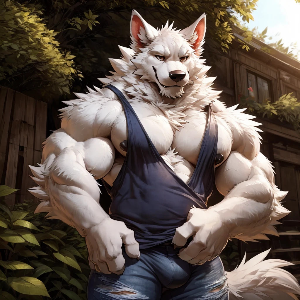 2d, masterpiece, best quality, 4k, 8k, ultra highres, raw photo in hdr, sharp focus, photo realism, real life like, detailed background, samoyedo dog anthro, samoyedo dog (((white body, white fur, no black fur, no fur pattern, plain fur, plain white fur, white fur))), muscular male, tall, big nipples, black nipples, fluffly, cute, adorable, lovely, smile, dilf, daddy, fangs, detailed big nipples, wide waist, broad shoulders, big shoulders, strong thighs, white teet, tank top, ripped jeans, tight clothing, bulge, fur wet, detailed background, hi res, perfect brown eyes, (by darkgem, by takemoto arashi, by anhes), Negative prompt: boring_e621_fluffyrock_v4, bad-hands-5, deformityv6