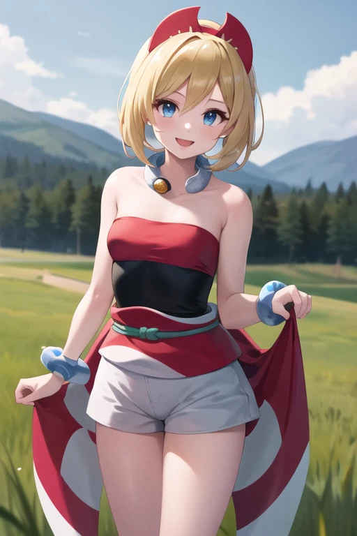 masterpiece, best quality, highres, aairida, short hair, red hairband, neck ring, collar, strapless shirt, red shirt, bracelet, sash, waist cape, white shorts, bare legs, standing, cowboy shot, outdoors, field, holding poke ball, poke ball, smile, potbelly