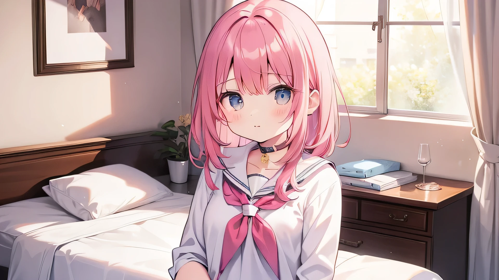 Official Art、Highest quality ultra-detailed CG art、The most beautiful girl in the world:1.2)、Sayla Uniform、Pink Hair、room、young、cute、、blue eyes、