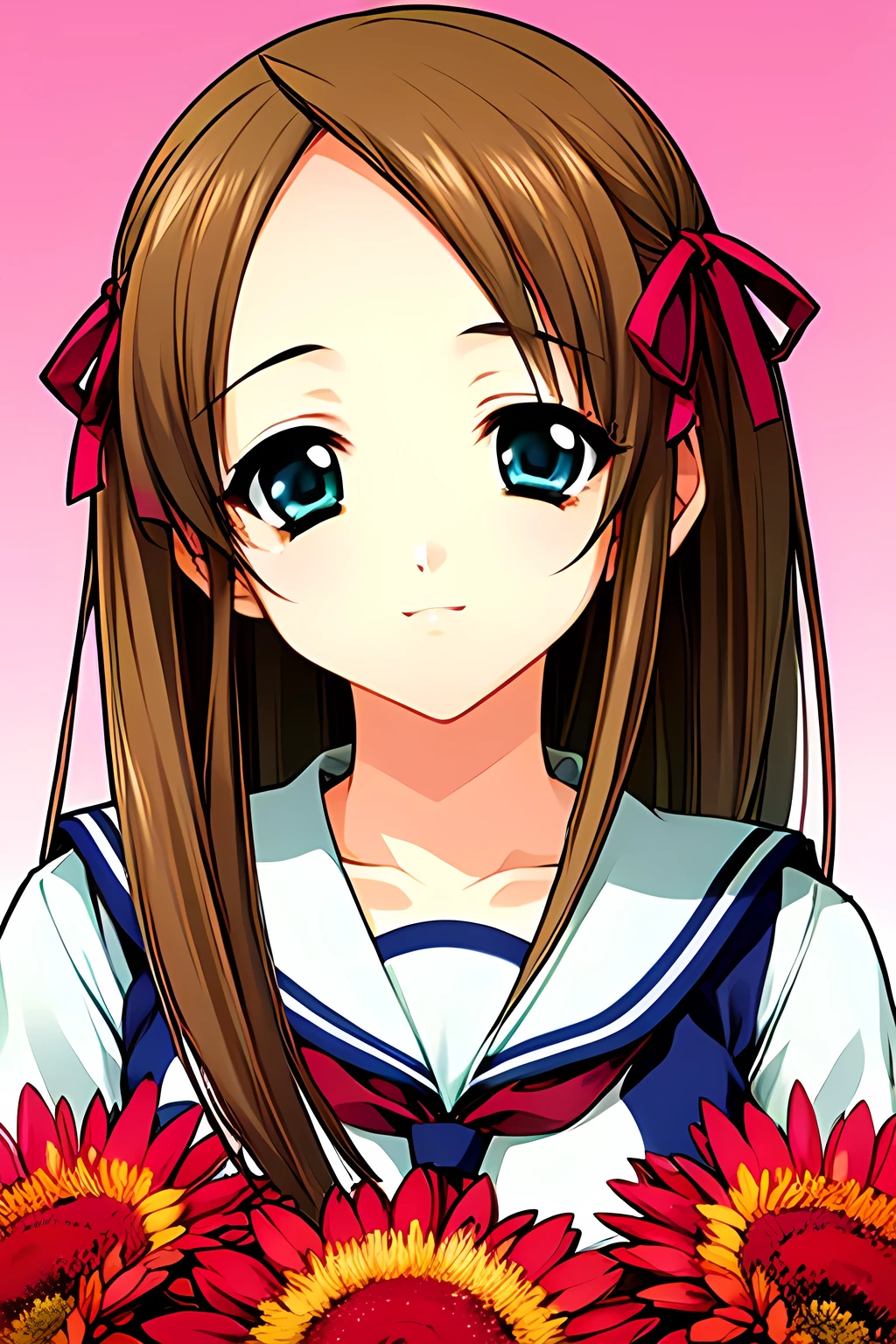 (masterpiece, official art, best quality), bust portrait, 1 girl, light brown hair, hair ribbon, {{aqua eyes, serafuku}}, flowers, {{forehead}}