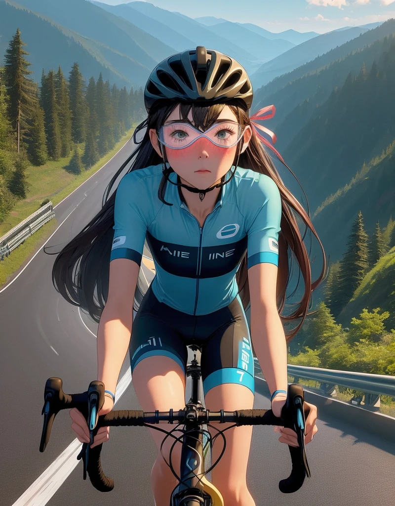 (((masterpiece))), (((best quality))), (((Ride a road bike))), downhill, steep slope, eye mask, earphone, Cycling shorts, wind, Speed line effect, alone, 1 girl, ribbon, long hair, Split, big , Shy. blush