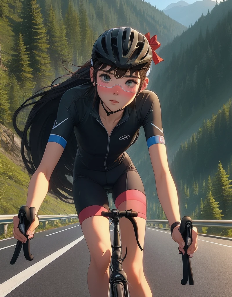 (((masterpiece))), (((best quality))), (((Ride a road bike))), downhill, steep slope, eye mask, earphone, Cycling shorts, wind, Speed line effect, alone, 1 girl, ribbon, long hair, Split, big , Shy. blush