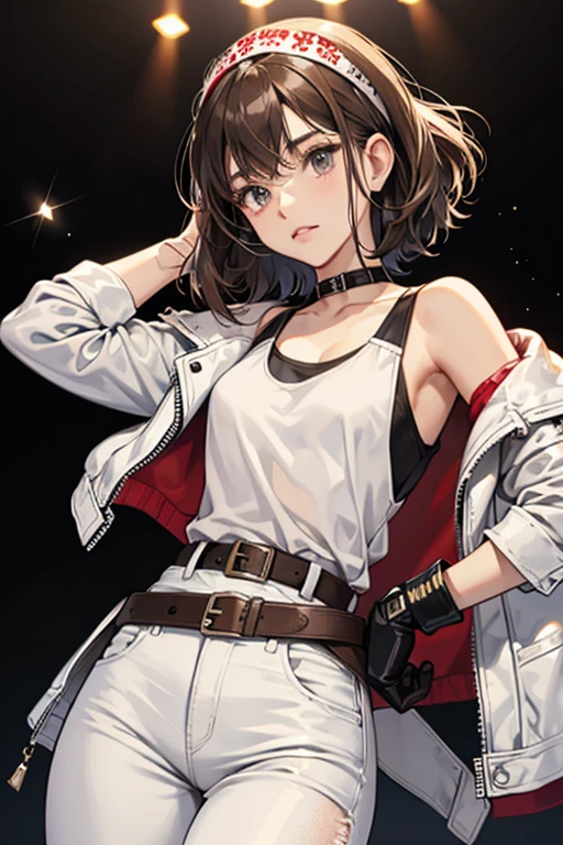 Ruby  gray eyes and dark brown hair with a full fringe. Ruby wears a white leather jacket with sequins on the collar and gray elbows over a black tank top, white jeans with gray knee caps, and a brown belt and white boots. She is also wearing white biker gloves with black details and a flower made up of sequins. Her hair is covered by a red bandana. This outfit is also worn by a generic opponent named "Biker". SPARKLE; GLITTER