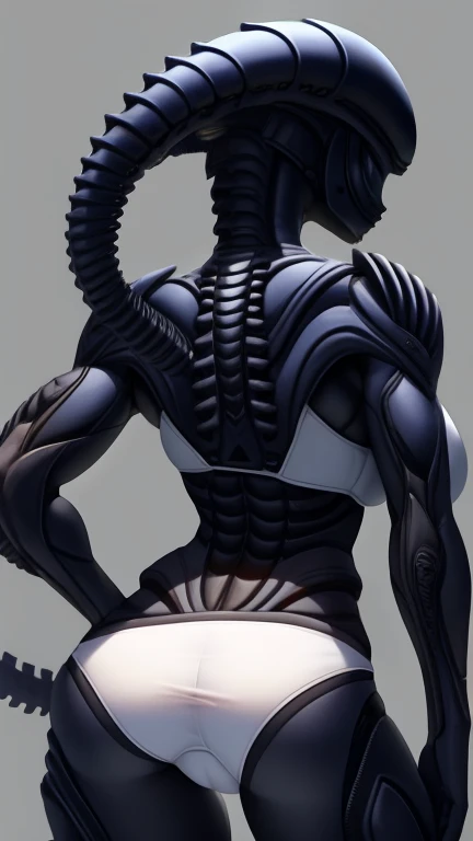 masterpeace, high quality, 4K, HDR BREAK Female muscular xenomorph mother with white panties BREAK white panties, black body, black breast BREAK rear view, forest background
