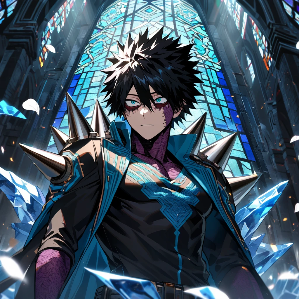 Ultra detailed, Highres, absurdres, HDR, Dabi, black hair that spikes upward around his head, hair between the eyes, expressive turquoise eyes, Boku No Hero Academia, black long coat with patterns, blue ice, petals, extremely handsome, sexy man, solo, extremely detailed eyes and face, black gloves, black tight t-shirt, toned chest, glittering, ice blue flowers, blue stained glass