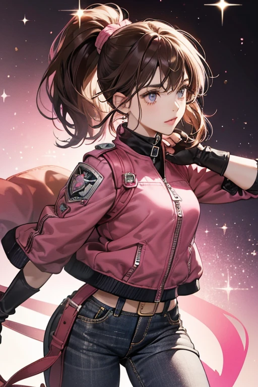 Ruby  gray eyes and dark brown hair with a full fringe. In Ruby's first unlockable outfit, her hair is now styled in a high ponytail with a full fringe. She is wearing a leather jacket with a pink and dark brown color scheme that has a zipper down the middle and buttons on the collar and at the hem, as well as pink shoulder pads, elbow pads, and arm guards. She is also wearing dark brown jeans, matching boots, and black gloves decorated with pink and yellow accents. SPARKLE; GLITTER