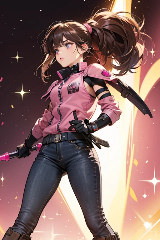 Ruby gray eyes and dark brown hair with a full fringe. In Ruby's first unlockable outfit, her hair is now styled in a high ponytail with a full fringe. She is wearing a leather jacket with a pink and dark brown color scheme that has a zipper down the middle and buttons on the collar and at the hem, as well as pink shoulder pads, elbow pads, and arm guards. She is also wearing dark brown jeans, matching boots, and black gloves decorated with pink and yellow accents. SPARKLE; GLITTER