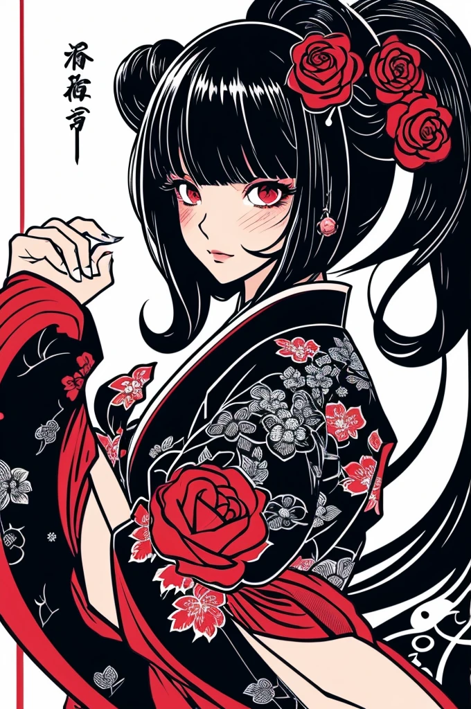Beautiful hardcore illustration homepage illustration style, dark, High resolution, hard touch illustration, Strong outline, One girl, japanese geisha style, Fuji Mountain, Japan, 8k, American Comic Styles, Colorful background, Hiroyuki Nagasaka, Aggressive, Beautiful Face, Cool Beauty, kimono, Beauty Style, Black and Red, Fight, Hard Illustration, Rose red hair, Two people, Rose, Backwards, Samurai, small monster, kimono, (Japanese sword(1.8)), (Draw your sword(1.8))