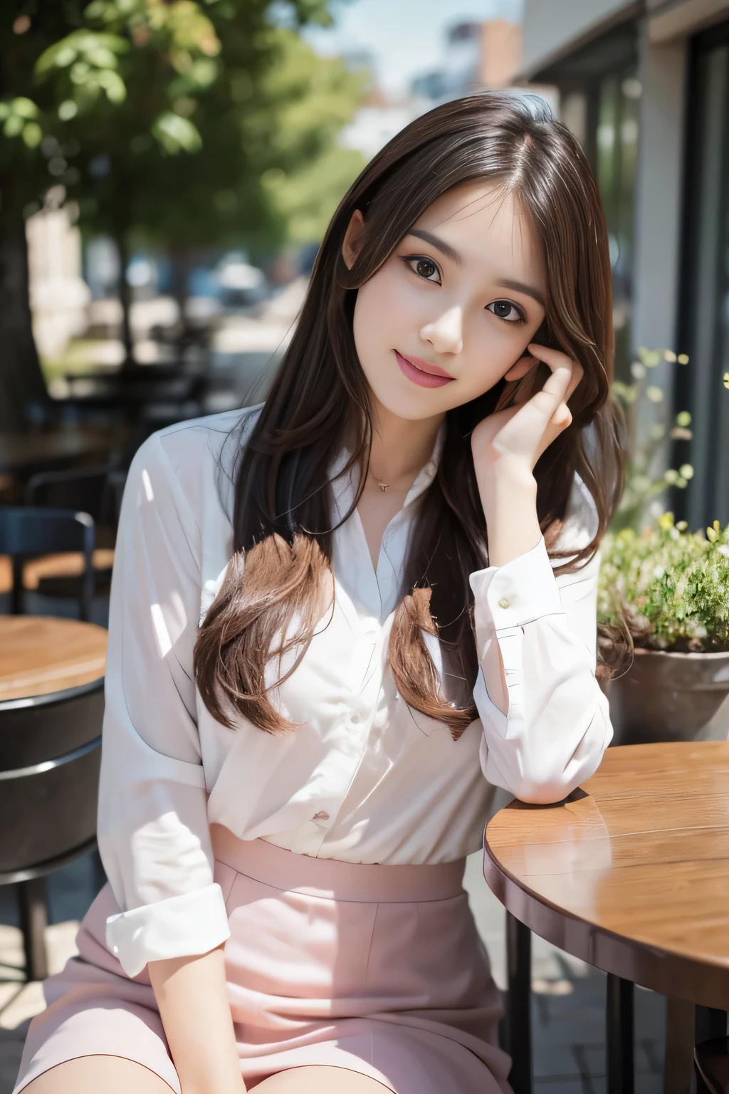highest quality, Realistically, Very detailed, About pubic hair, High resolution, 8k wallpaper, One beautiful woman, Pink wet lips, Light brown messy hair, Wearing a suit, shirt, White Skirt, Lock focus, Perfect dynamic composition, Beautiful Eyes, Delicate Hair, Detailed Realistically skin texture, smile, Close-up portrait, Model Body Type, On the open terrace of the cafe, Blurred Background, (Full Body Shot), Take photos from a distance, Random body orientation,Sit on a chair、