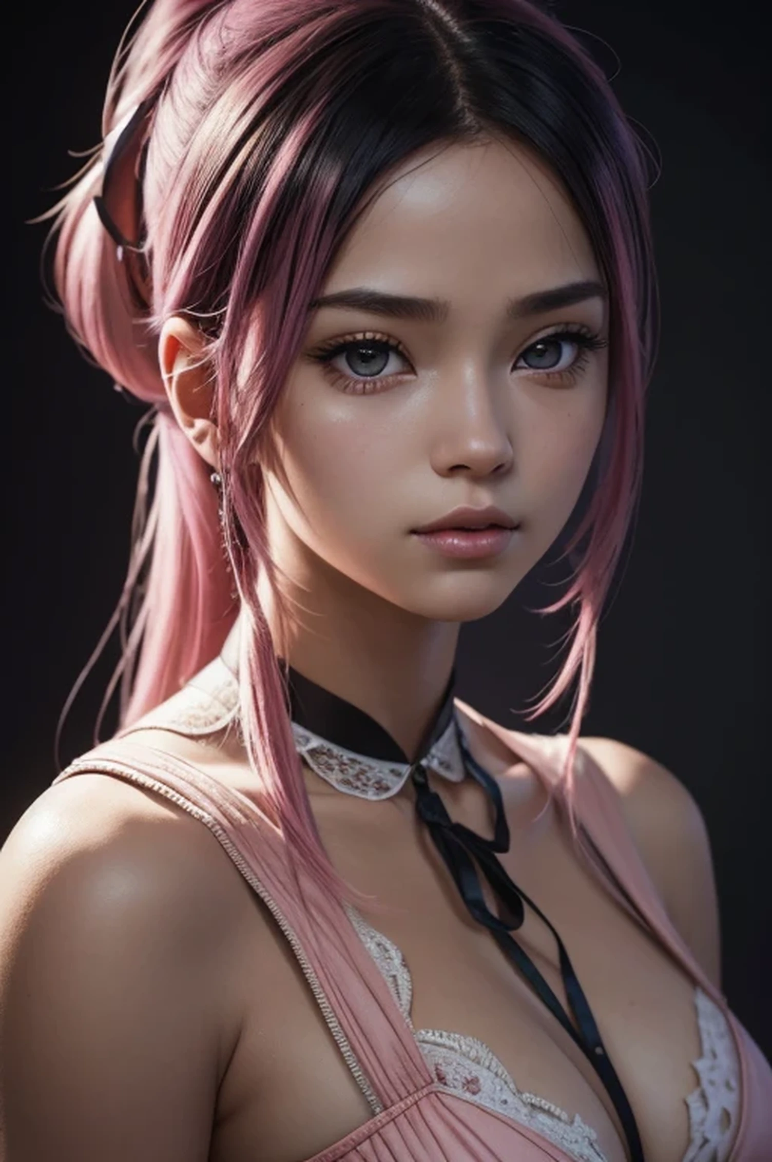 Anatomically correct, Beautiful lip detail, Soft portrait of a beautiful woman, leotard, Detailed face, Anime girl with pink hair and a ribbon in her hair, Fantasy art, Japanese, (((Ultra-realistic))) photograph, (highest quality:1.2, Very detailed, up to date, Vibrant, Ultra-high resolution, High Contrast, masterpiece:1.2, highest quality, Best aesthetics), Textured skin. Spectacular and inspiring cinema lighting, black hair