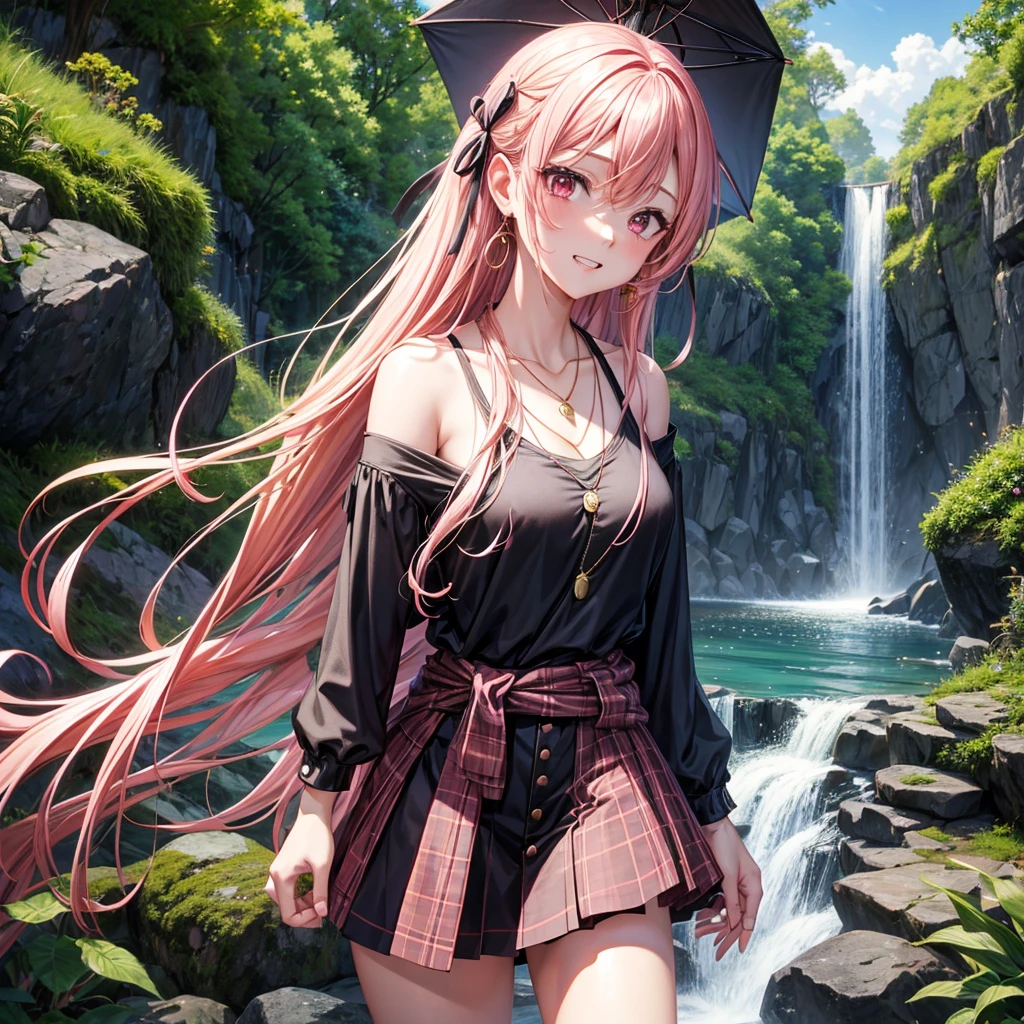 Pink gold golden hair、Red eyes、One good looking girl、solo、anime、Checkered mini skirt、The skirt has buttons、Black camisole、Black T-shirt、hoodie、Holding a Japanese umbrella、Wearing a ribbon、Ribbon on waist、Crystal Earrings、Gemstone Necklace、Tilting face、Teeth are visible、waterfall、waterfallの裏側、tunnel、Sunset sky、moss、Hell&#39;s Gate、Lantern、Blue flame