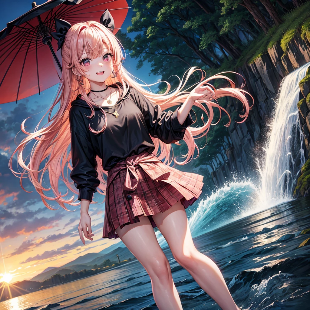Pink gold golden hair、Red eyes、One good looking girl、solo、anime、Checkered mini skirt、The skirt has buttons、Black camisole、Black T-shirt、hoodie、Holding a Japanese umbrella、Wearing a ribbon、Ribbon on waist、Crystal Earrings、Gemstone Necklace、Tilting face、Teeth are visible、waterfall、waterfallの裏側、tunnel、Sunset sky、moss、Hell's Gate、Lantern、Blue flame