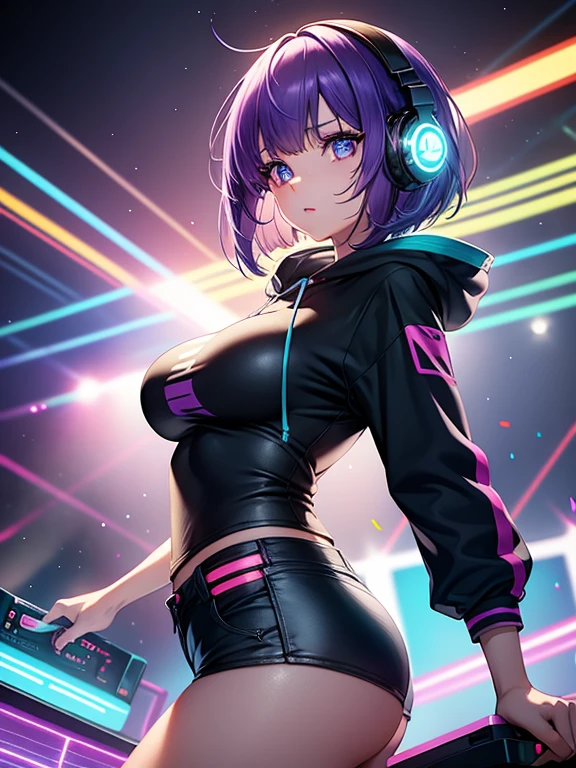 masterpiece, best quality, high resolution, UHD, 8k, cowboy shot, BREAK, 1 girl, girl style anime, Glossy skin, rounded eye, beautiful eyelash, realistic eye, beautiful woman, DJ girl, with hair divide in two colors blue and purple hair, asymmetrical bob cut, big breasts, with headphones wearing a hoodie printed with a neon unicorn, BREAK, standing playing a turntable with laser rays and neon light, with many lights, colored lasers, balloons, and colored confetti.